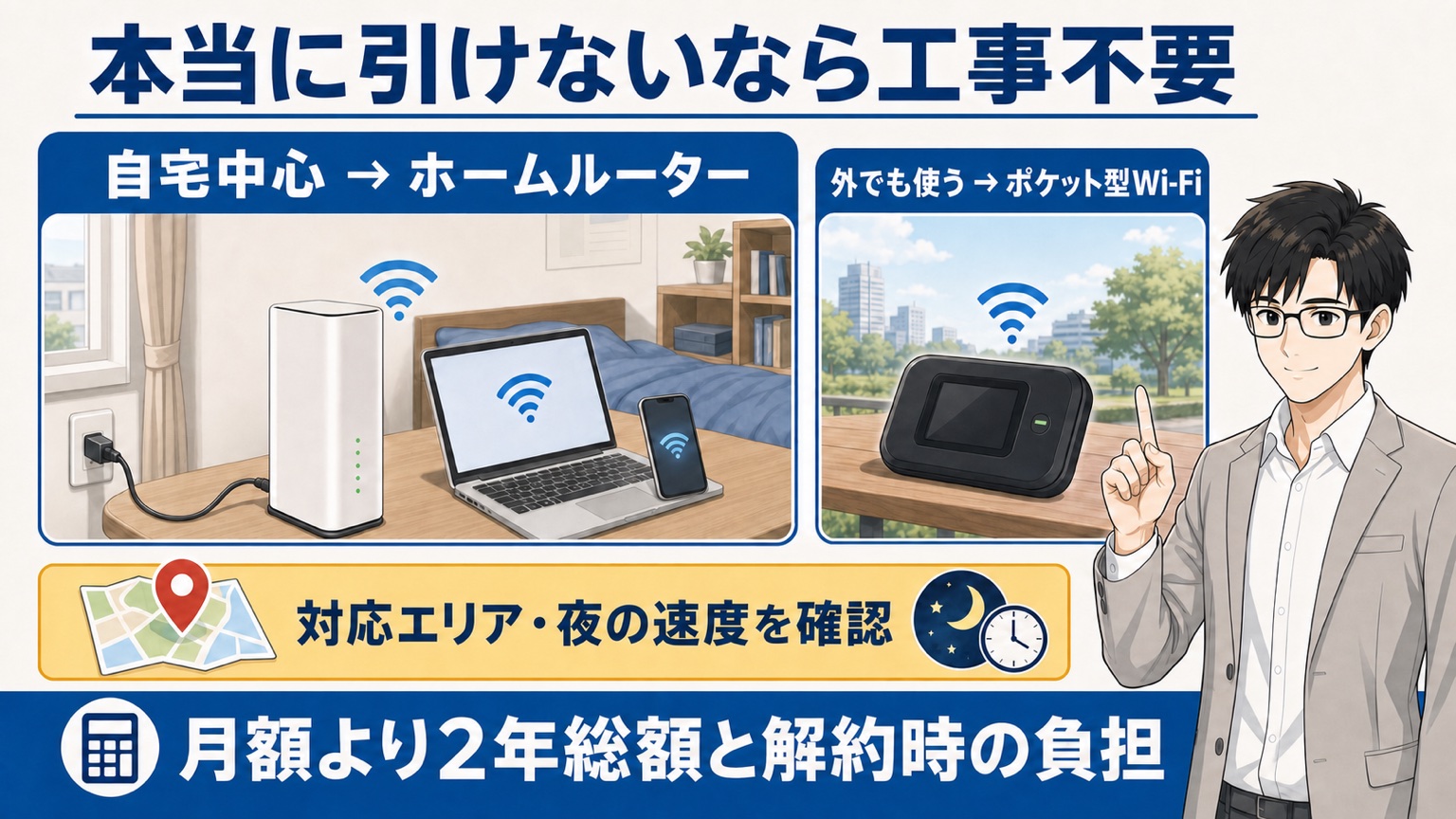 光回線が引けない場合の代わり｜工事不要の選び方